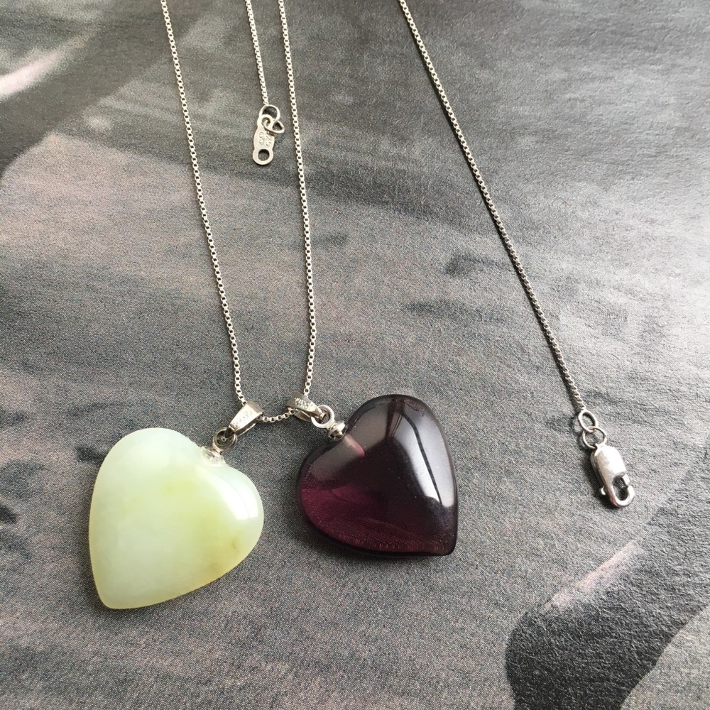 Heart Pendant Necklace - Green and Deep Purple Heart Charms
